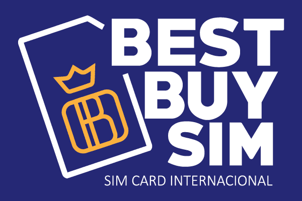 logo da best buy sim escrito em branco sobre um fundo azul escuro com o desenho vasado de um chip de celular ao lado esquerdo da imagem e os dizeres "sim card internacional" escrito embaixo do logo