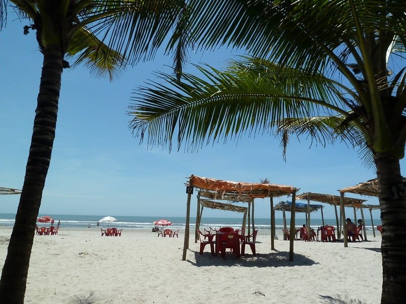 Praia de Cananéia. O mar está ao fundo e na parte da areia existem várias mesas, cadeiras e guarda-sóis, além de tendas feitas com material natural. É possíver ver também dois coqueiros.