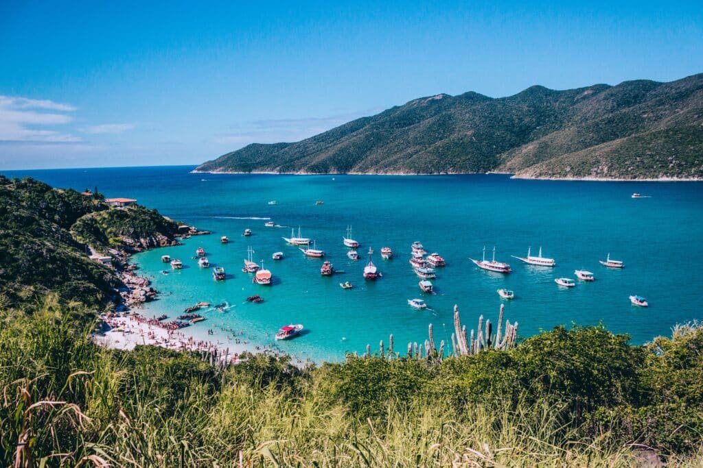 Uma das praias de Arraial do Cabo vista de cima. Na parte da frente estão arbustos verdes e atrás é possível ver uma pequena faixa de areia, o vasto mar azul e uma ilha ao fundo.