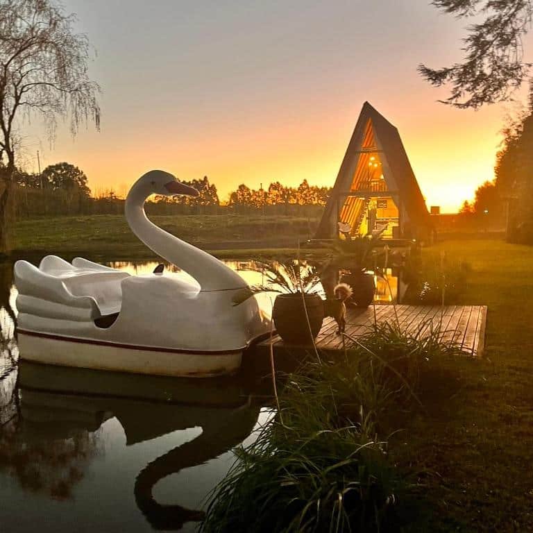 A imagem mostra a vista externa do Chalé Alqualondë, um dos chalés na Serra Catarinense, capturada ao entardecer, com um belo pôr do sol ao fundo. O chalé, em estilo "A-frame", está situado à beira de um lago tranquilo, refletindo a luz dourada do sol. Na margem do lago, há um pedalinho em forma de cisne branco ancorado próximo a um pequeno deck de madeira, onde também há plantas em vasos que adornam o espaço. A paisagem ao redor é verde e natural, com árvores ao fundo, criando um cenário mágico e sereno, perfeito para momentos de contemplação e descanso.