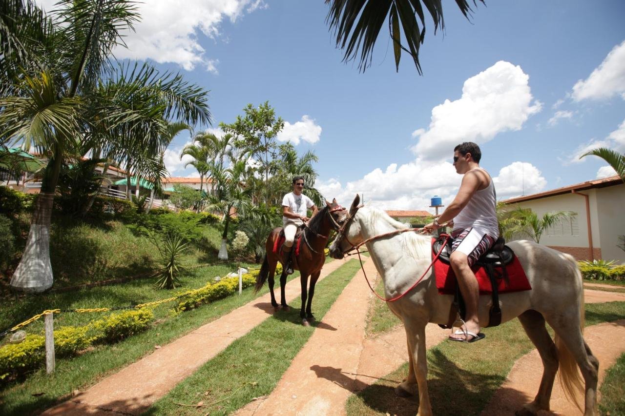 A imagem mostra duas pessoas montadas em cavalos em um caminho de terra cercado por vegetação tropical e palmeiras no Hotel Fazenda Vale Amanhecer. Um dos cavaleiros está em um cavalo marrom, enquanto o outro monta um cavalo branco com uma sela vermelha. Ambos parecem estar aproveitando um passeio ao ar livre em um dia ensolarado, com céu azul e algumas nuvens. Ao fundo, há construções com telhados de telha vermelha e áreas verdes bem cuidadas, criando uma atmosfera tranquila e relaxante.