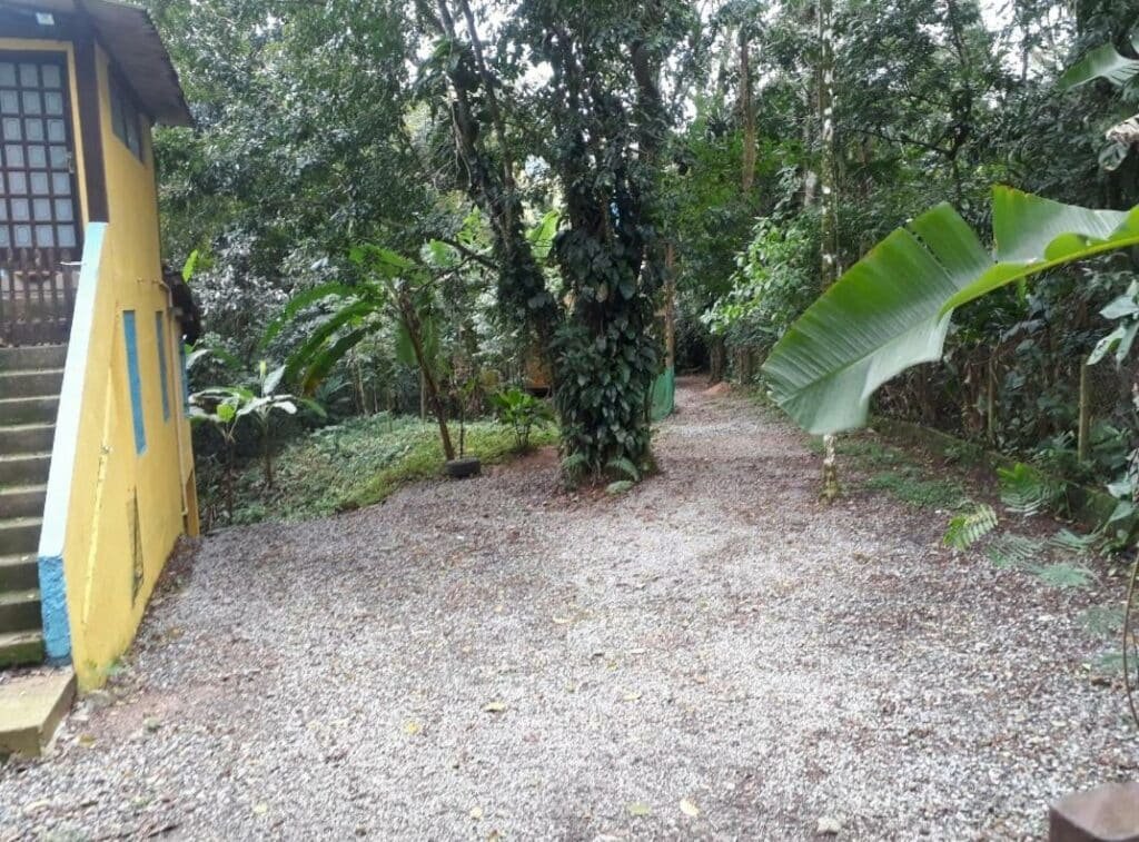 Lado de fora do Loft dos Vagalumes. Eles fica em uma área rodeada de natureza, com chão de terra e várias árvores.