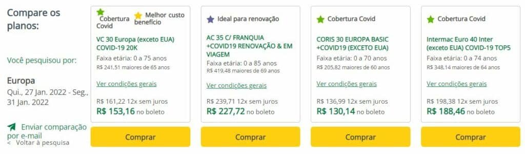 Quadro comparando opções de seguro viagem Oslo.