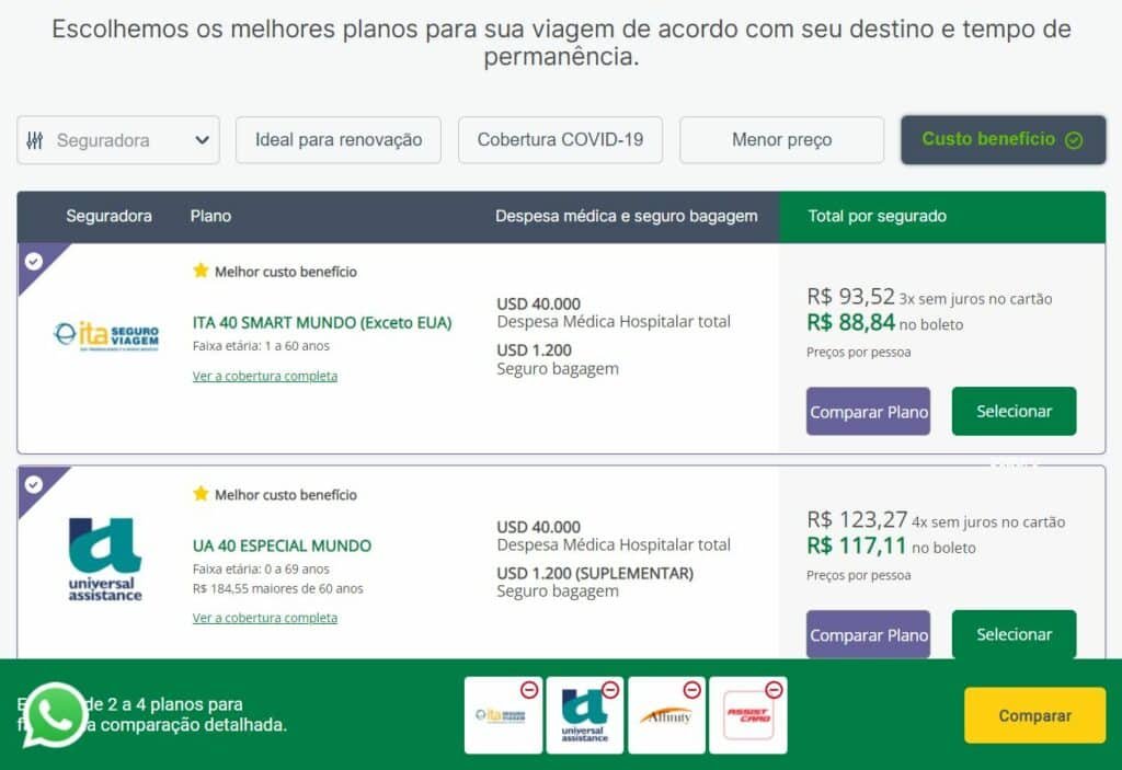 Tela da Seguros Promo mostrando opções de seguro viagem Oslo